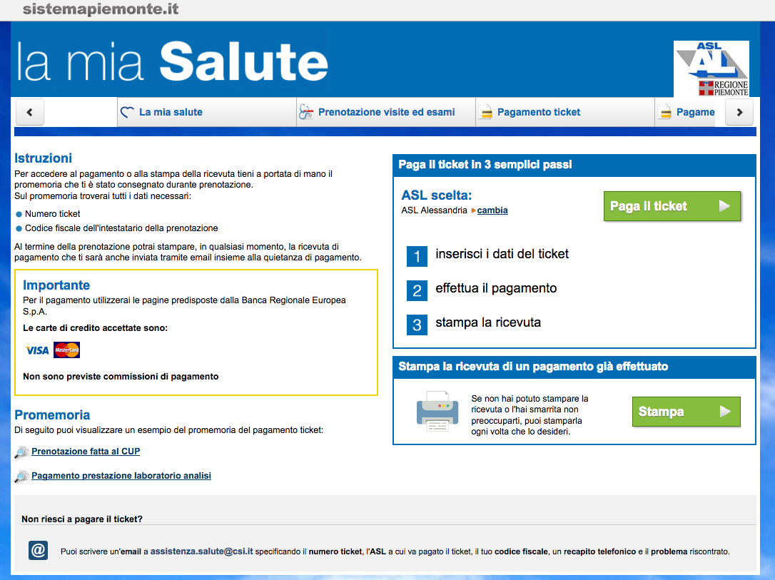 Schermata del sito per pagamento ticket