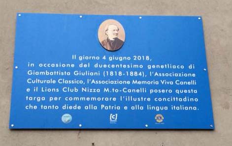 Targa commemorativa a Gian Battista Giuliani